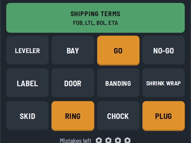 Bundles board: a solved Shipping Terms group above a grid of word tiles, three of them selected